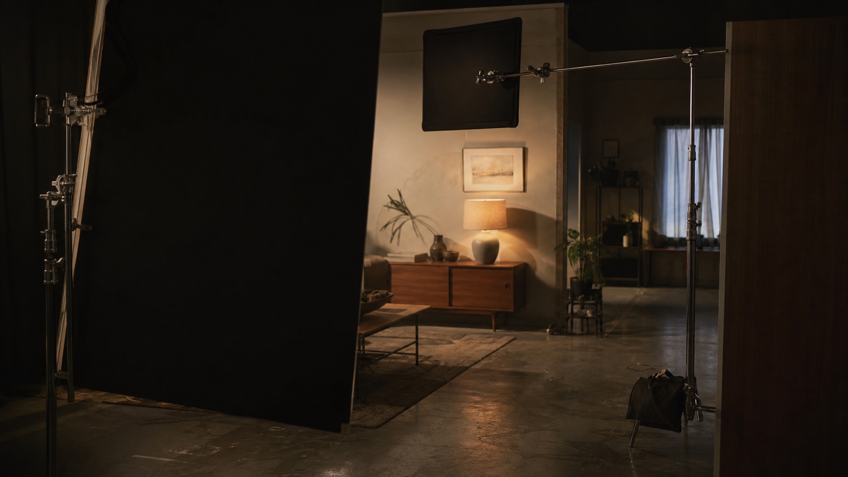 Black flags and negative fill shape a warm practical lamp into a focused pool of light across an otherwise shadowed interior set.