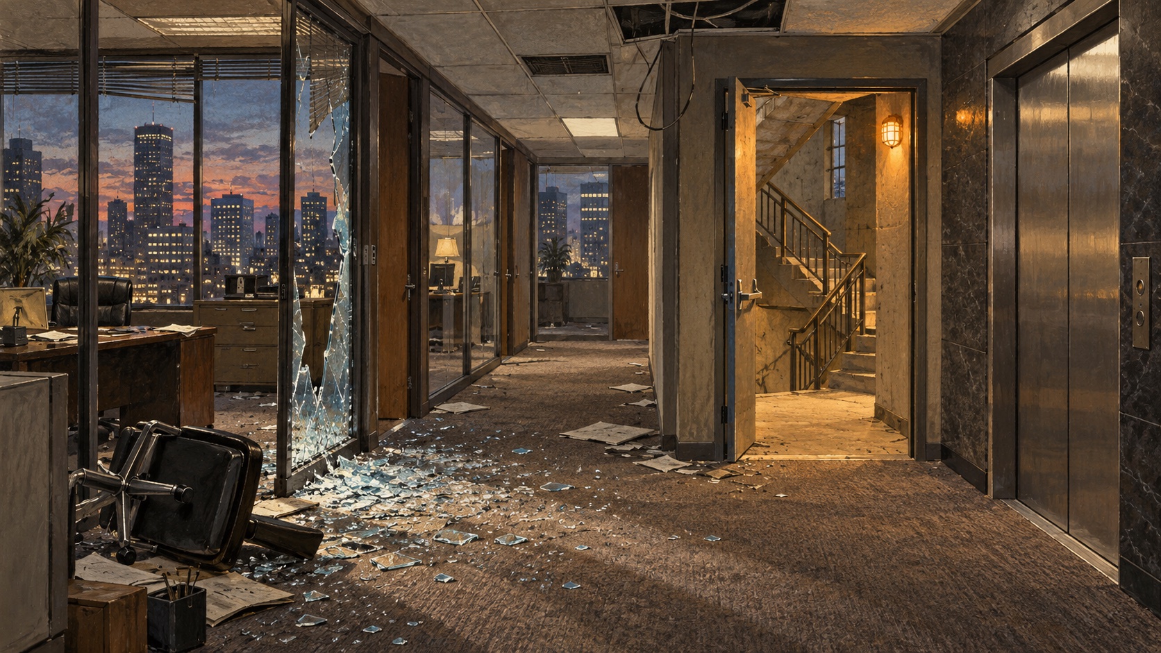Broken glass and an overturned chair obstruct an office corridor beside a closed elevator and an open, amber-lit stairwell.