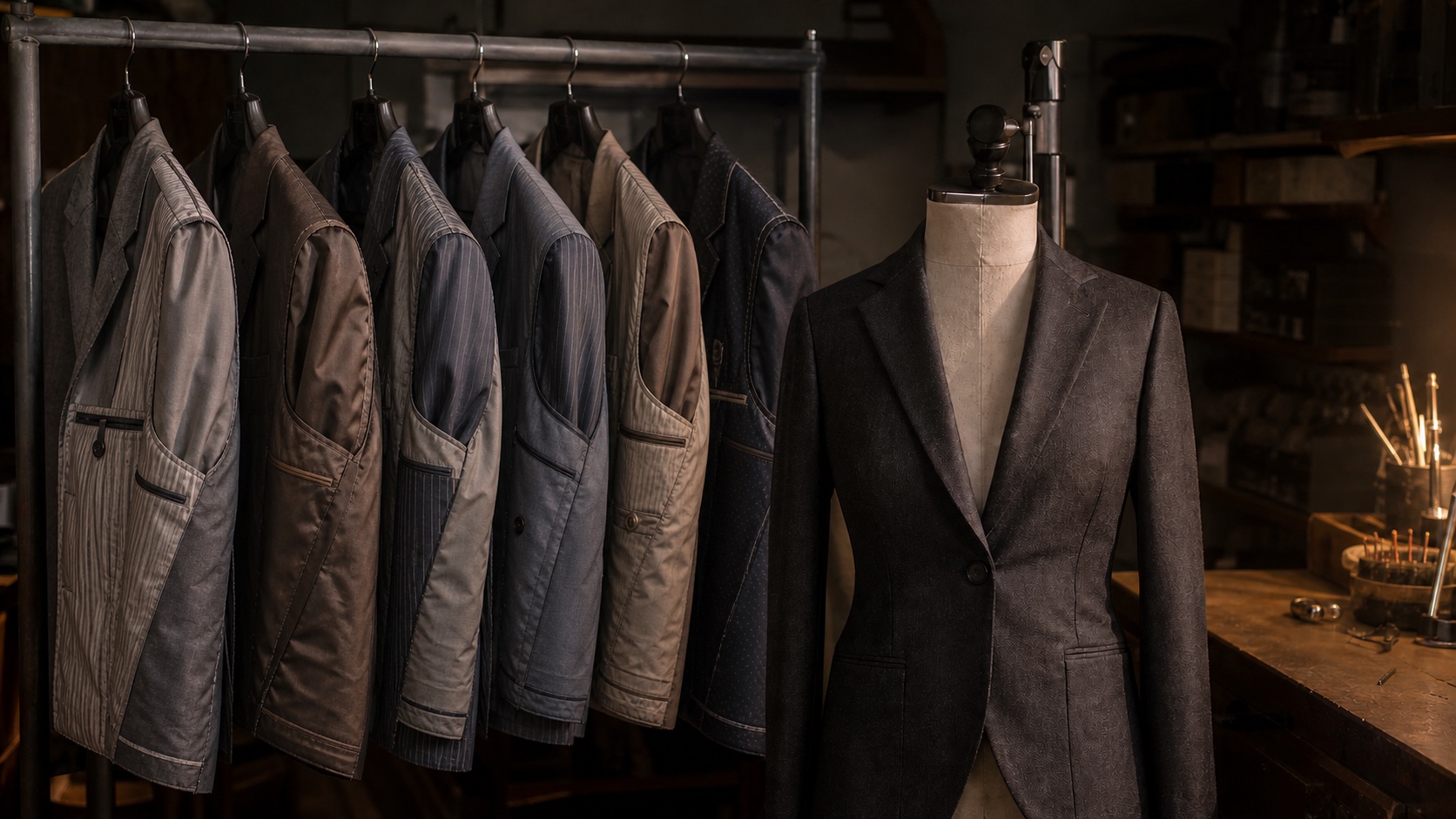 Five complete costume jackets hang inside-out on a wardrobe rail beside one resolved jacket fitted to a dress form.