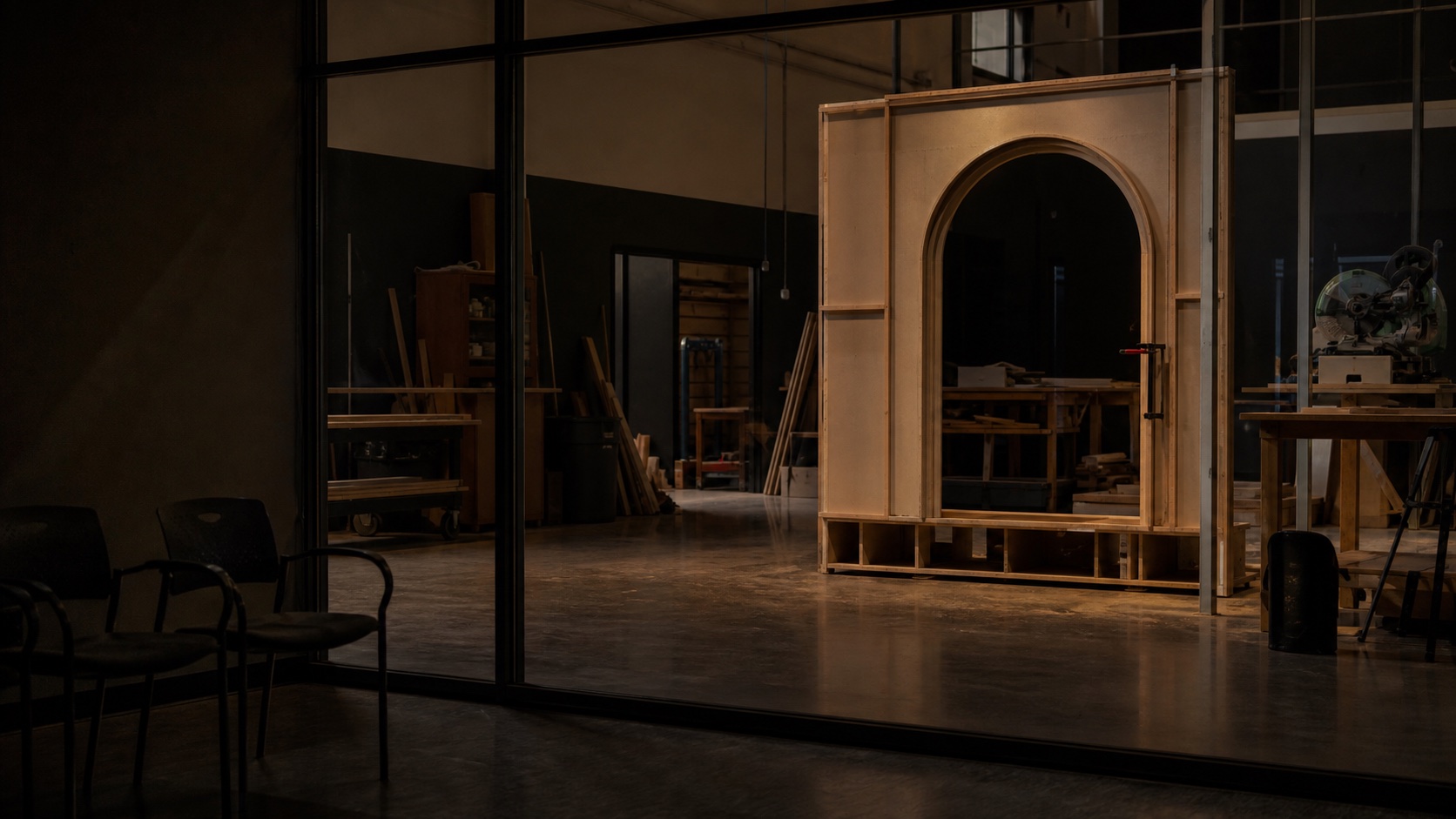 An unfinished scenic doorway waits under a work light beyond the empty chairs and glass wall of a production review area.