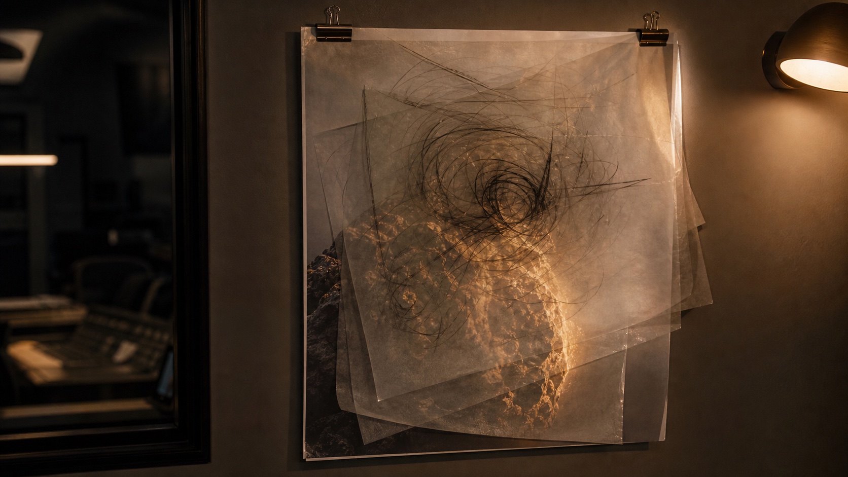 Several creased layers of marked drafting trace are clipped over a photographic proof beneath a warm review lamp.