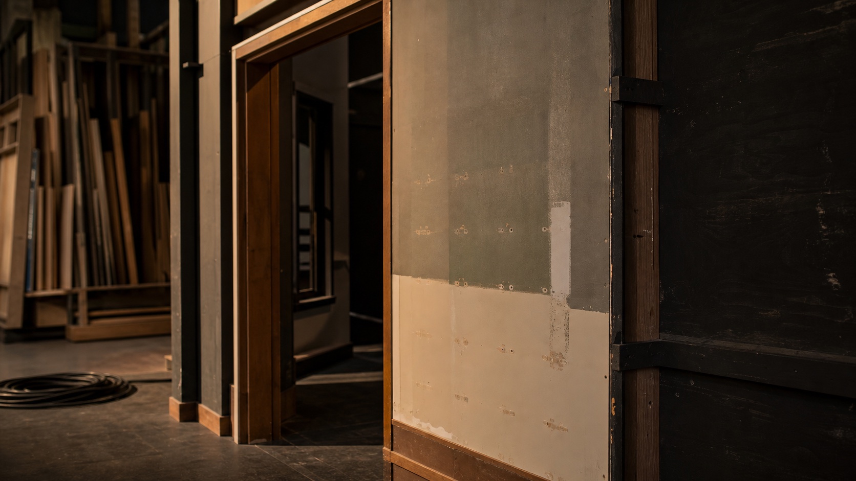 A full-size scenic wall with a shifted doorway, patched mounting holes, and fresh bracing in a working fabrication shop.